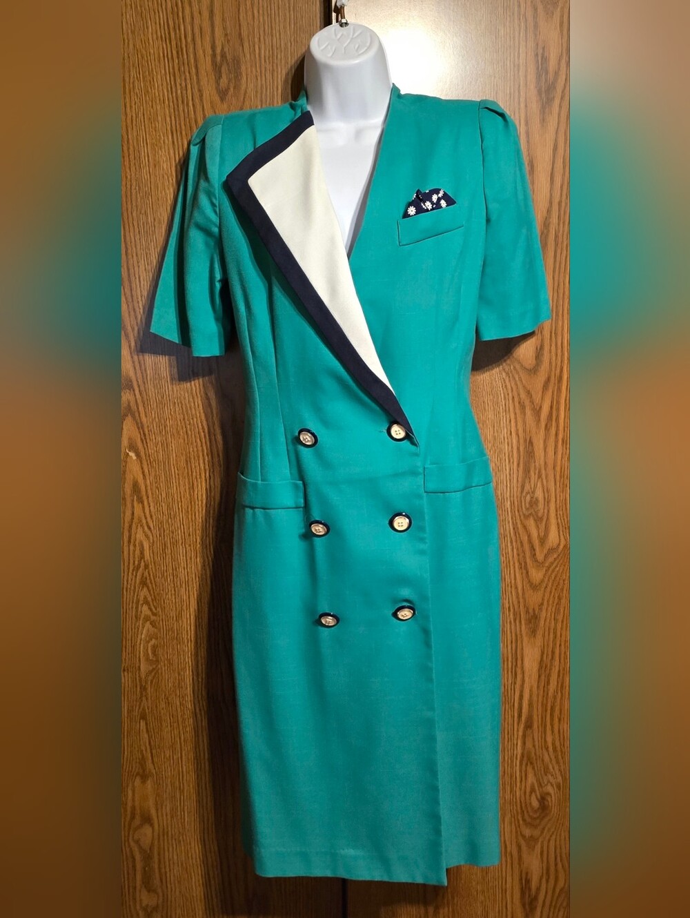 R&K Teal Double-Breasted Midi Dress with Cream and Navy Trim